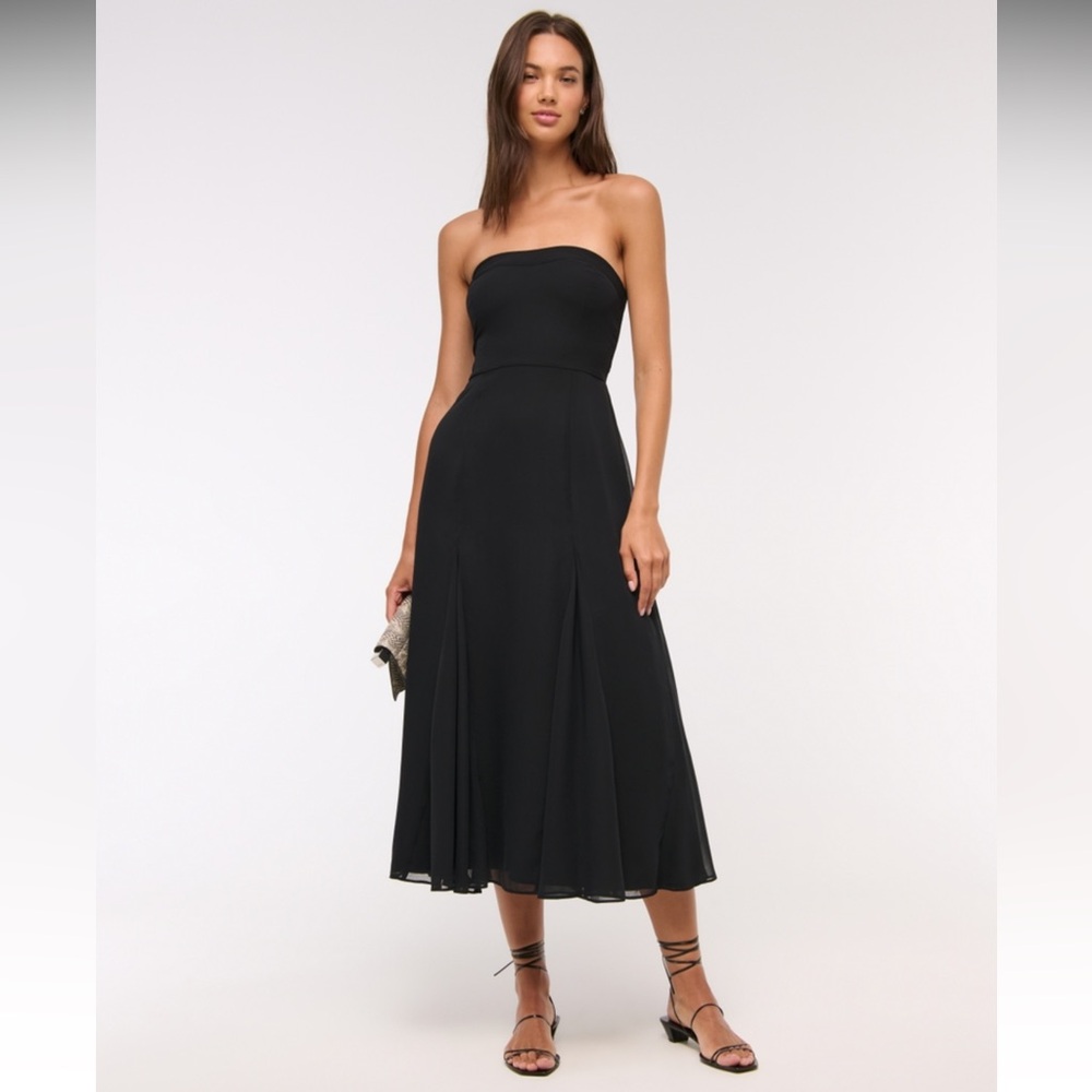 A&F CAMILLE STRAPLESS GODET MIDI DRESS BLACK